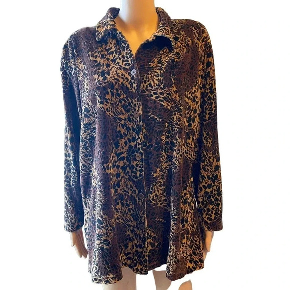 Vintage Leopard Print Soft Cozy Button Down Velvet Shirt Women Plus Size 1X - Picture 1 of 6